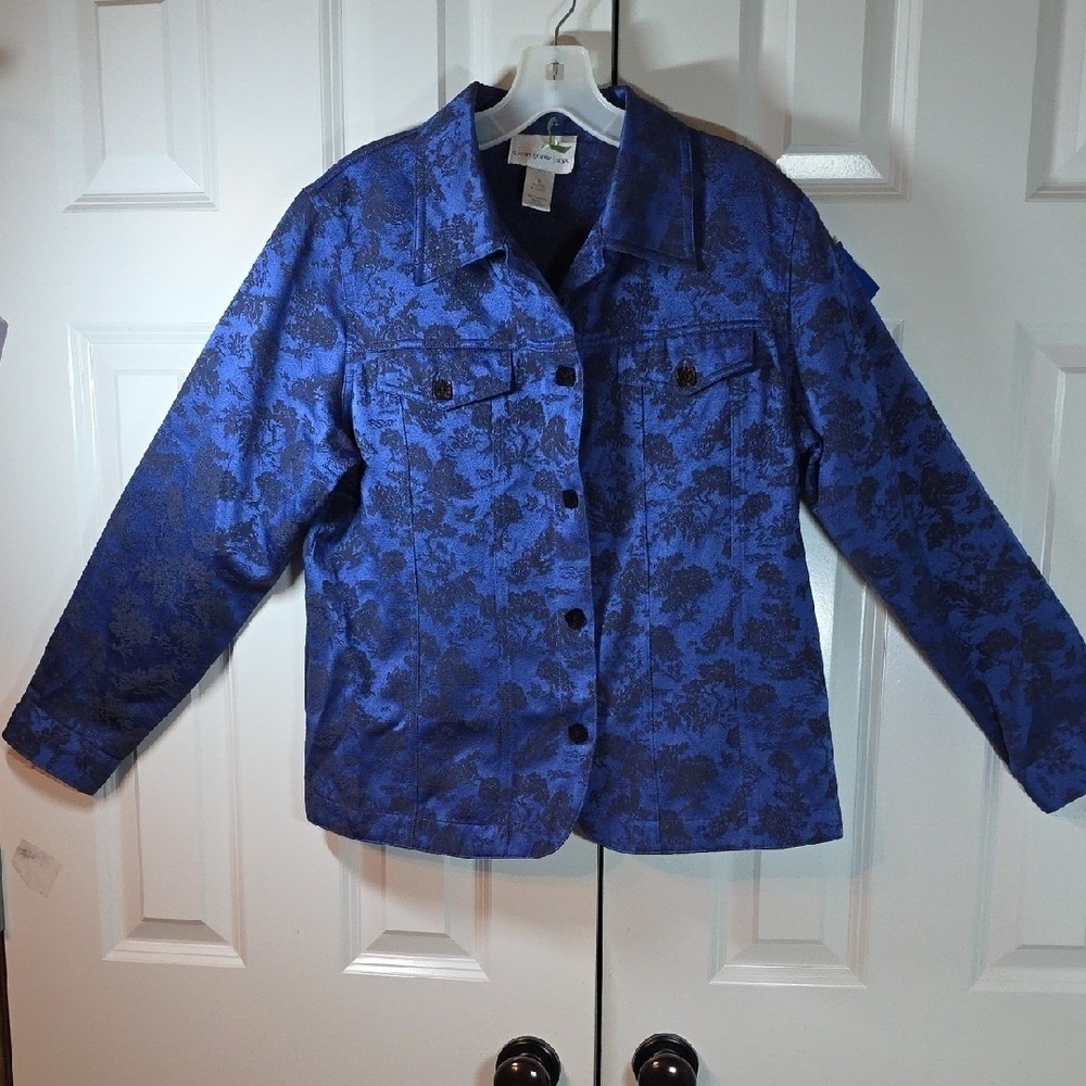 Susan Graver Style Jacket Womens Medium Blue Excellent Jacquard Floral Button Up